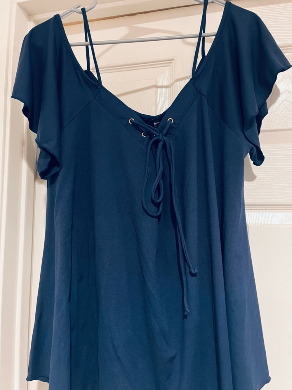 Navy Lace-Up Cold Shoulder Women's Top